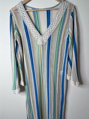 Striped Crochet V-Neck Beach Cover-Up in Blue, Green & Cream